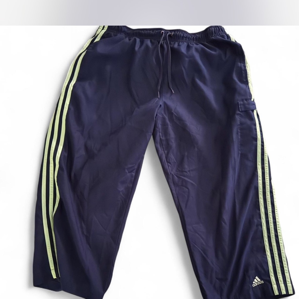 Adidas Dark Blue Track Pants with Neon Green Accents